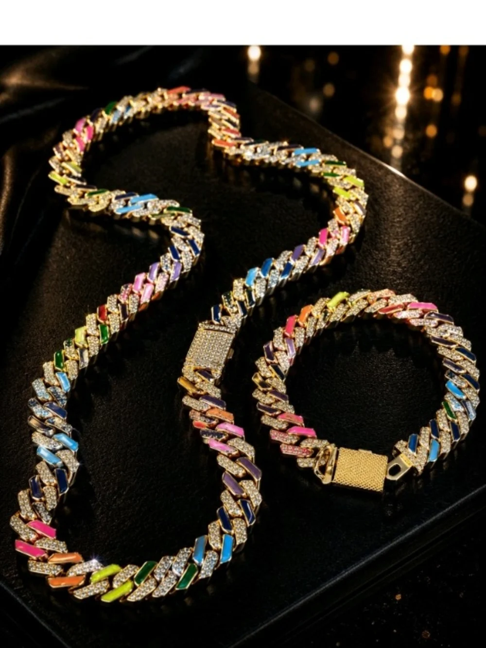 Men's Multicolor Cuban Link Necklace & Bracelet Set - Fashion Jewelry